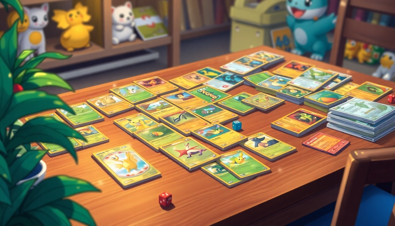 Admire a collection of real pokemon cards displayed on a gaming table with vibrant colors and rich textures.