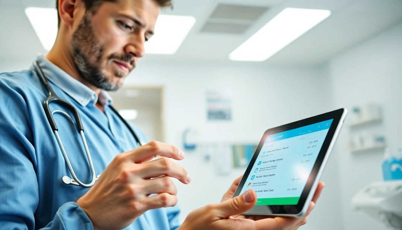 Evaluate eprescription app reviews while a healthcare provider uses a digital tablet in a clinic.