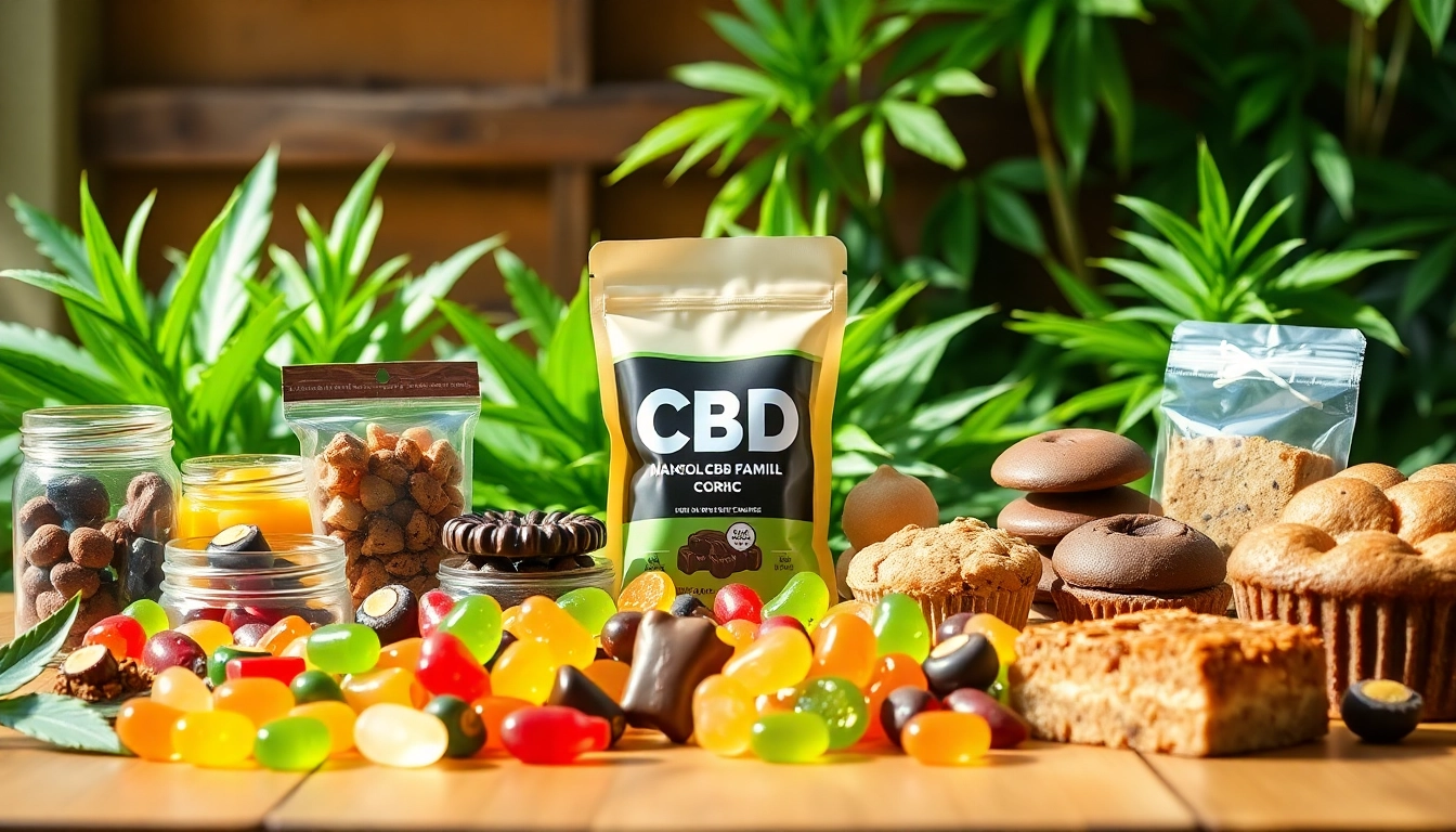 Showcase of wholesale CBD edibles including colorful gummies and chocolates on a natural wooden table.