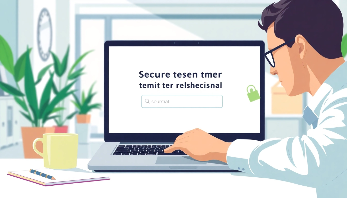 Illustration of a professional using a temporary email service on a laptop in a modern office setting.