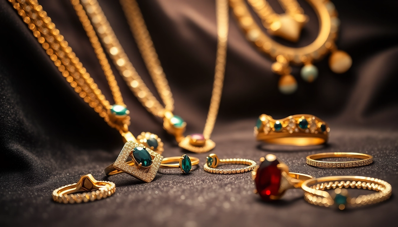 Showcase of luxurious jewelry including necklaces and rings arranged elegantly.