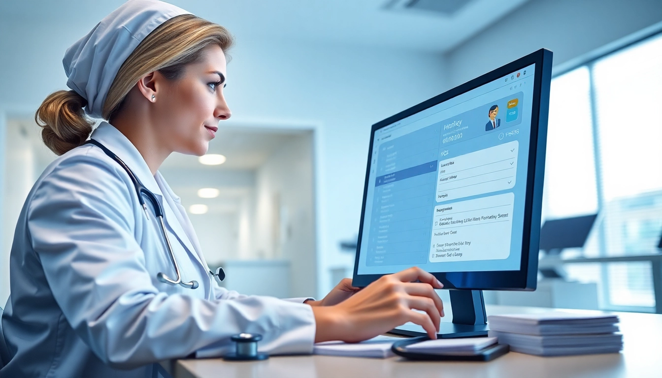 Showcasing the features of eprescribing software in a modern healthcare setting with a healthcare worker.